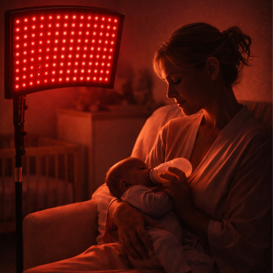 Mamă hrănind bebelușul în lumina roșie LUMEOSIA